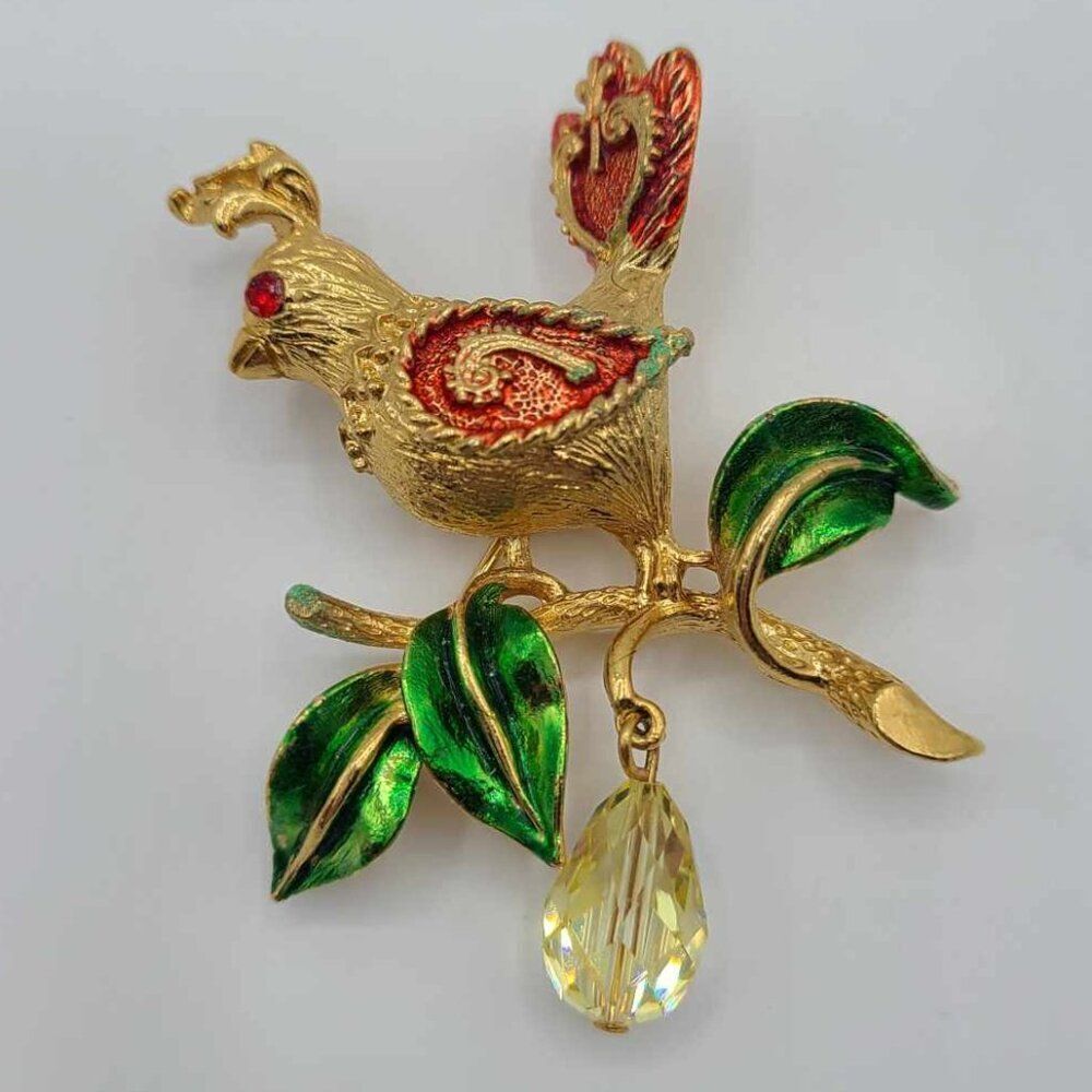 Vintage MYLU Partridge in a Pear Tree Gold Tone Brooch